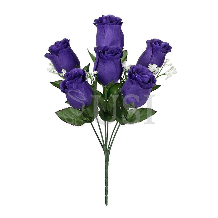 Standard Rose Bud Flower Bush w Gypsophila x6, 14in, Dark Purple