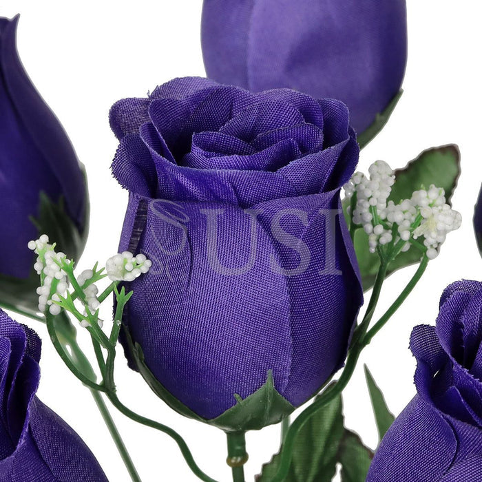 Standard Rose Bud Flower Bush w Gypsophila x6, 14in, Dark Purple