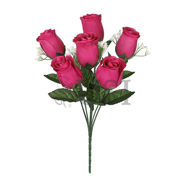 Standard Rose Bud Flower Bush w Gypsophila x6, 14in, Hot Pink