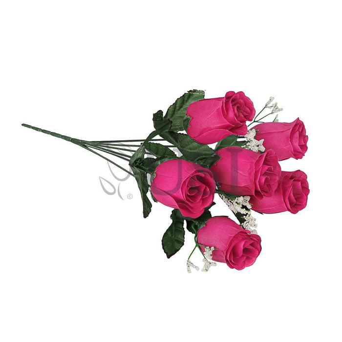Standard Rose Bud Flower Bush w Gypsophila x6, 14in, Hot Pink