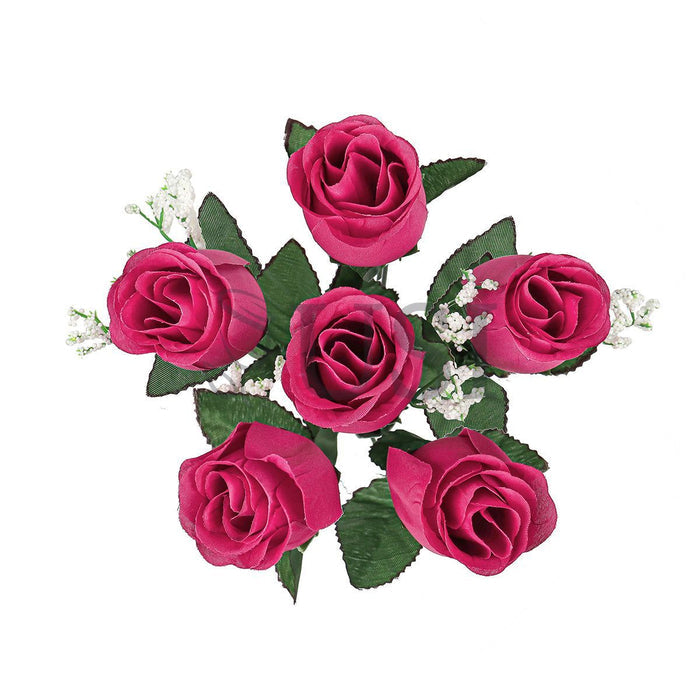 Standard Rose Bud Flower Bush w Gypsophila x6, 14in, Hot Pink