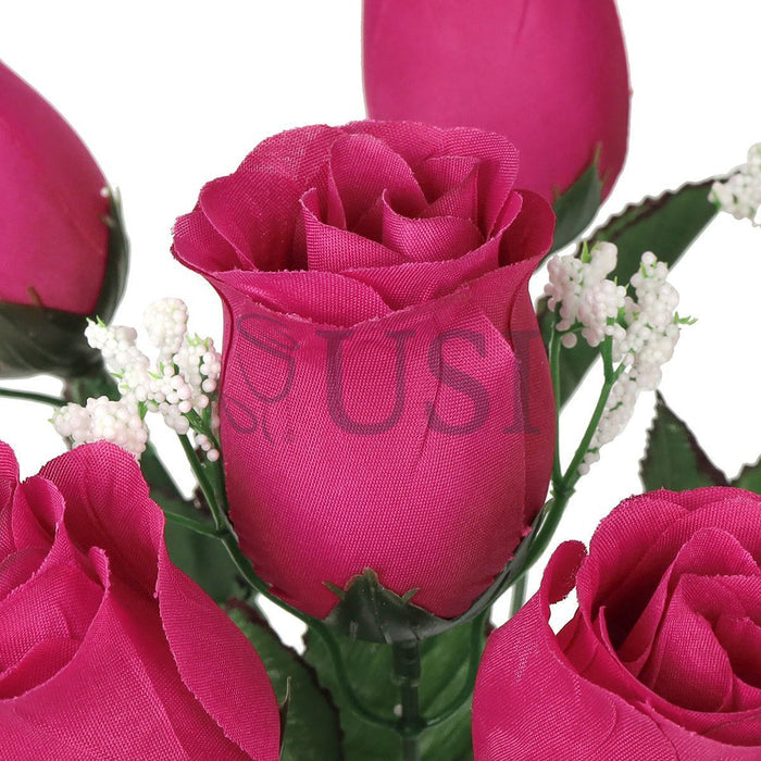 Standard Rose Bud Flower Bush w Gypsophila x6, 14in, Hot Pink