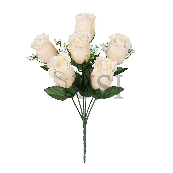 Standard Rose Bud Flower Bush w Gypsophila x6, 14in, Ivory