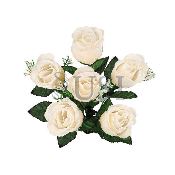 Standard Rose Bud Flower Bush w Gypsophila x6, 14in, Ivory
