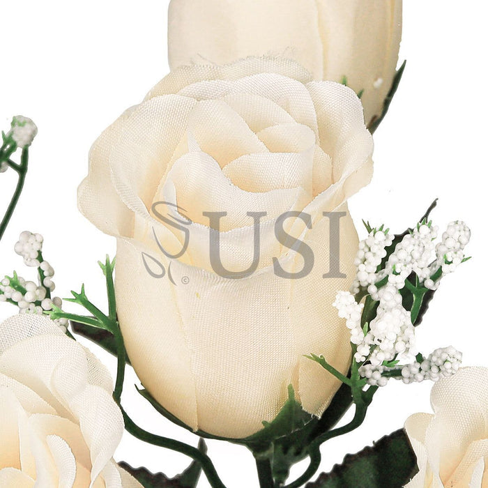 Standard Rose Bud Flower Bush w Gypsophila x6, 14in, Ivory