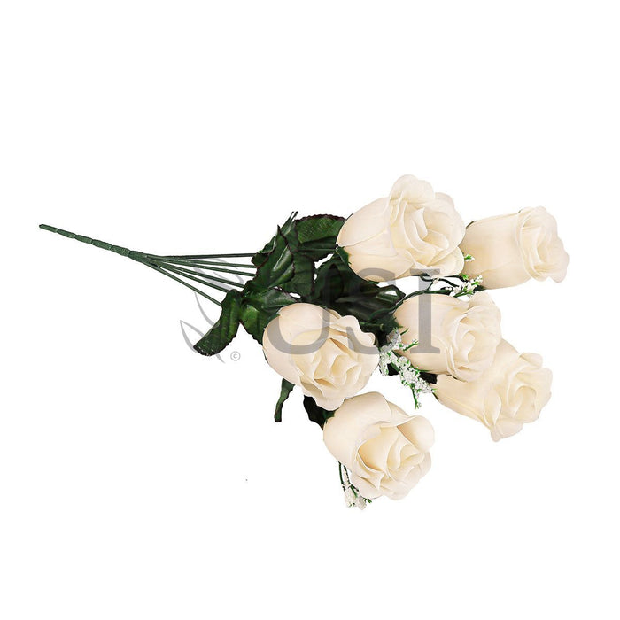 Standard Rose Bud Flower Bush w Gypsophila x6, 14in, Ivory