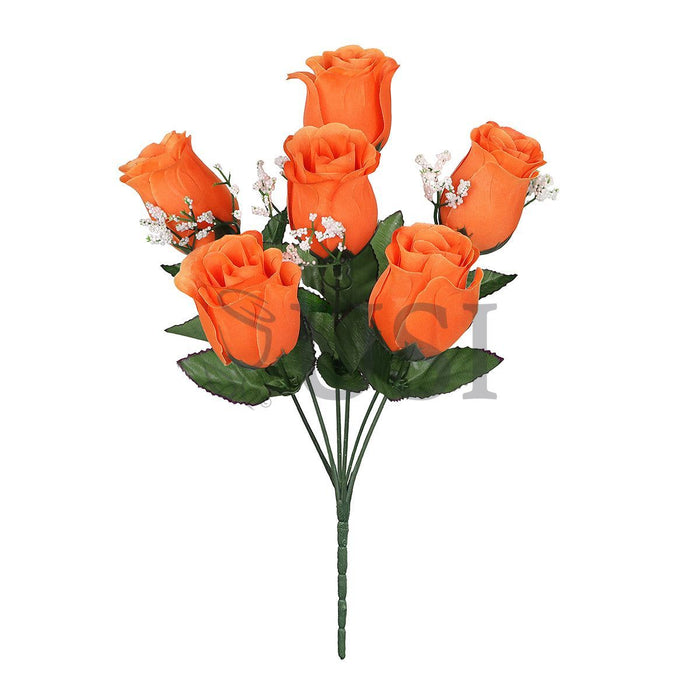 Standard Rose Bud Flower Bush w Gypsophila x6, 14in, Orange