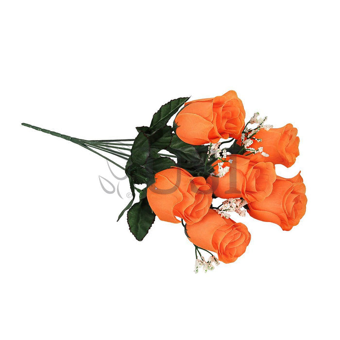 Standard Rose Bud Flower Bush w Gypsophila x6, 14in, Orange