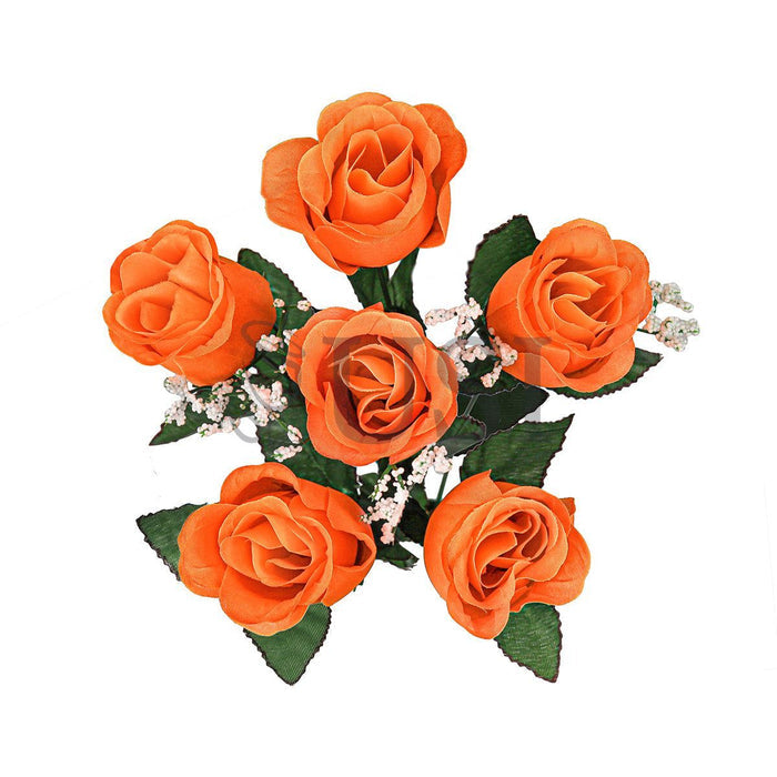 Standard Rose Bud Flower Bush w Gypsophila x6, 14in, Orange