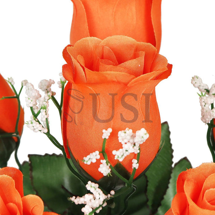 Standard Rose Bud Flower Bush w Gypsophila x6, 14in, Orange