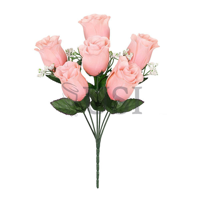 Standard Rose Bud Flower Bush w Gypsophila x6, 14in, Pink Peach