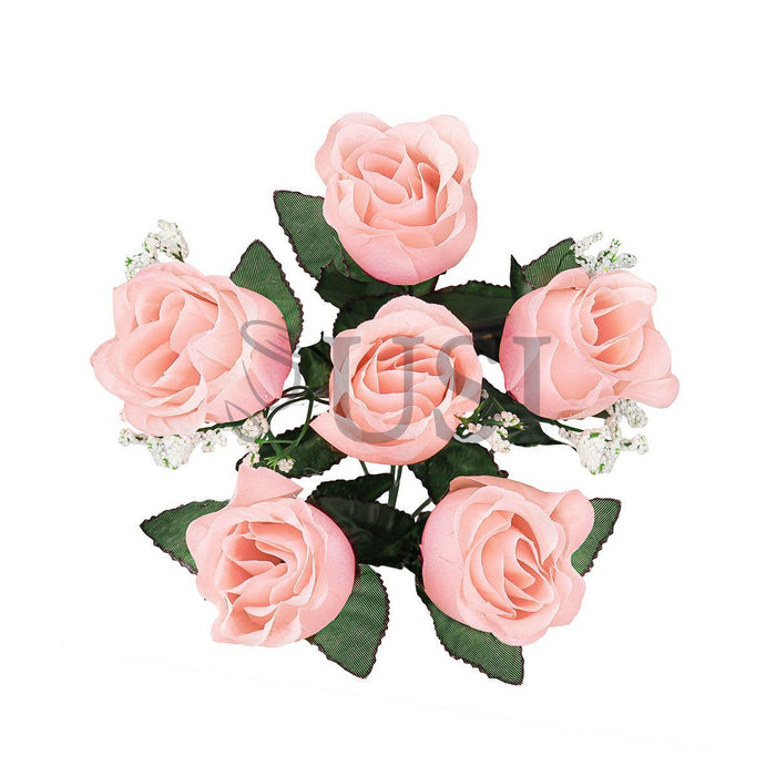Standard Rose Bud Flower Bush w Gypsophila x6, 14in, Pink Peach