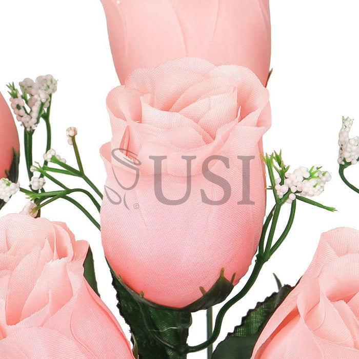 Standard Rose Bud Flower Bush w Gypsophila x6, 14in, Pink Peach