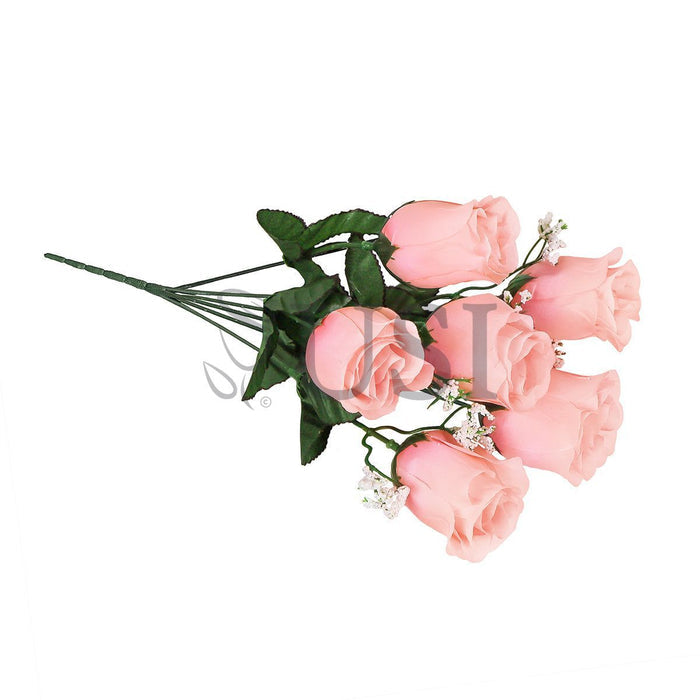 Standard Rose Bud Flower Bush w Gypsophila x6, 14in, Pink Peach