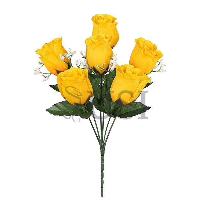Standard Rose Bud Flower Bush w Gypsophila x6, 14in, Yellow