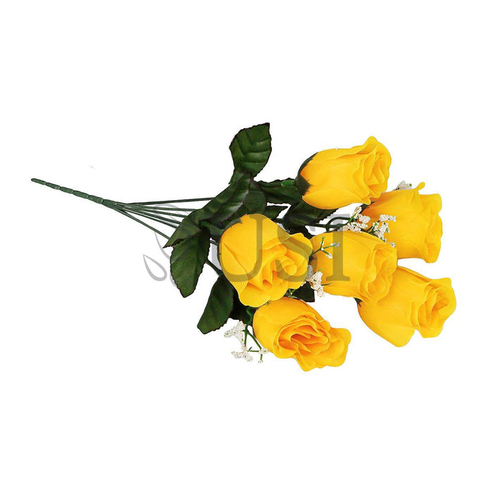 Standard Rose Bud Flower Bush w Gypsophila x6, 14in, Yellow