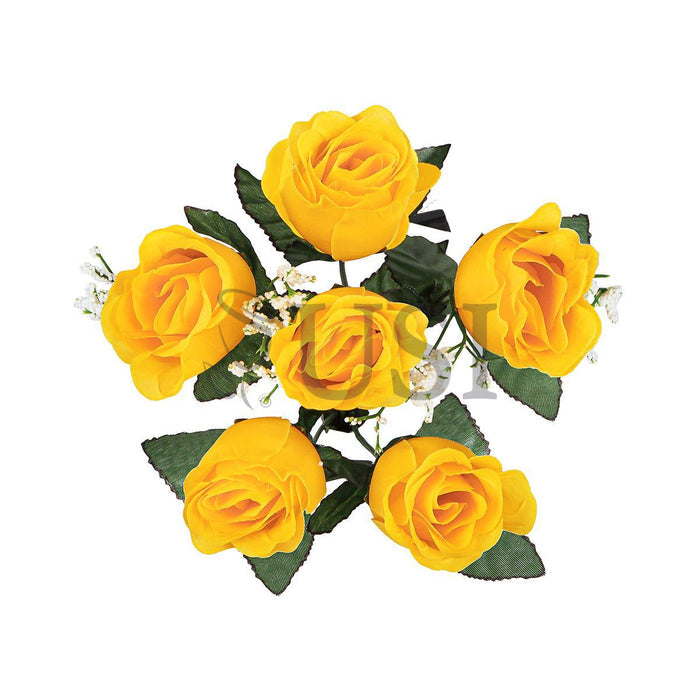 Standard Rose Bud Flower Bush w Gypsophila x6, 14in, Yellow