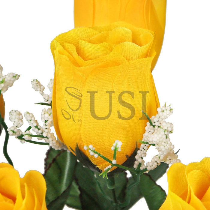 Standard Rose Bud Flower Bush w Gypsophila x6, 14in, Yellow