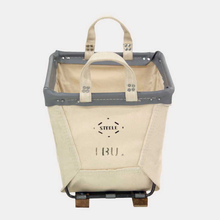Steele 1-Bushel Canvas Carry Basket with wood runners, steel frame, and gray trim.