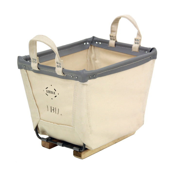 Steele 1-Bushel Canvas Carry Basket with natural canvas, gray trim, and wood runners.