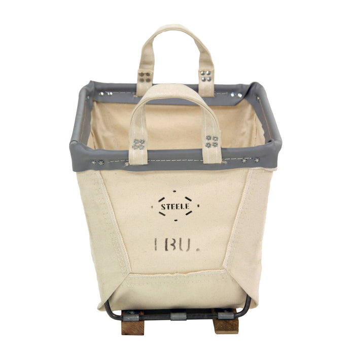 Steele 1-Bushel Canvas Carry Basket with natural canvas, gray trim, steel frame, and Northern Hardwood runners.