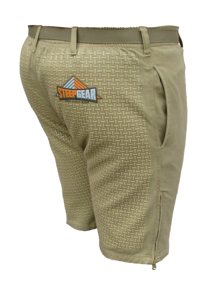 Certified Gear khaki tan shorts with rubber pads on the back and a textured pattern. Designed for roof safety.