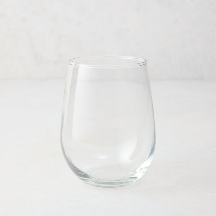 Clear glass stemless all-purpose wine glass, 16.75 oz, from Hudson Grace collection.