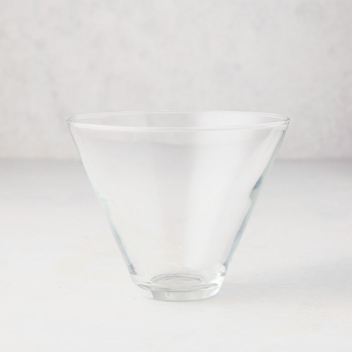 Hudson Grace Stemless Martini Glass, clear glass, conical top, wide brim, 8 oz. capacity.