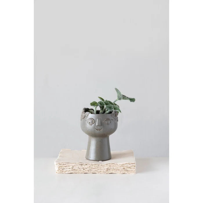 Stoneware Reactive Glaze Planter w/ Face