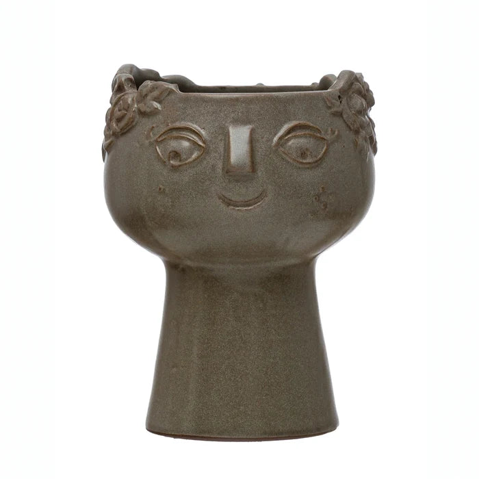 Stoneware Reactive Glaze Planter w/ Face