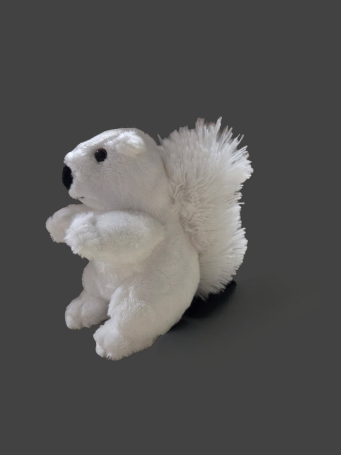 hite squirrel plush toy side view showing 6.5 inch height