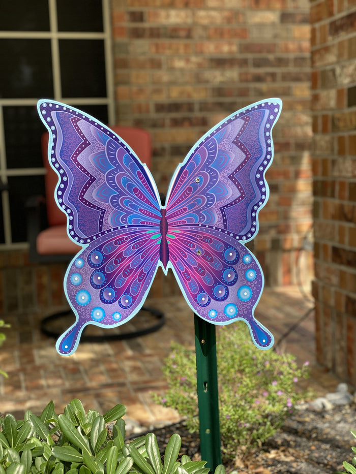 Outdoor Insect Decorative Yard Art - Butterfly in shades of blue and purple on a metal stake.
