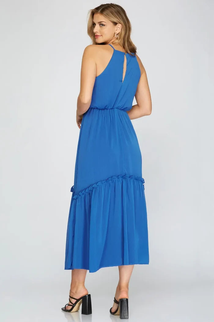 Summer Vacation Woven Elastic Waist Maxi Dress - Blue