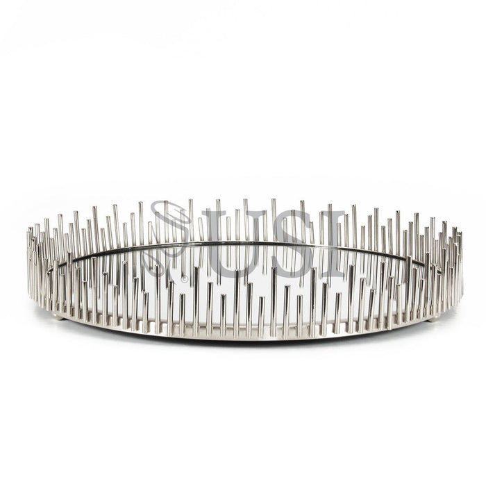 Sunburst Round Metal Mirror Tray, 14in, Silver