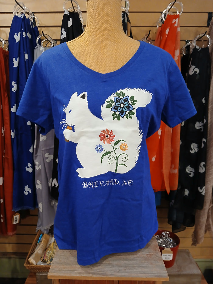 T-Shirt - Adult - Floral White Squirrel - Short Sleeve V-Neck in Heathered Royal Blue