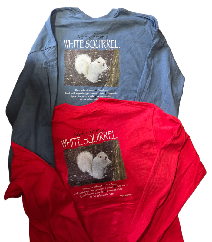 Two long sleeve t shirts, one blue and one red, with a graphic of a white squirrel and text on the back of Advice of a White Squirrel