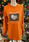 Long sleeve crew neck orange t-shirt with text and image of a Advice from a white squirrel on the front.