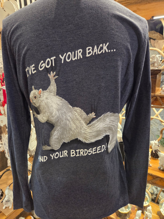 T-Shirt - Adult - Long Sleeve - I've Got Your Back & Birdseed White Squirrel with V-Neck in Dark Heather Grey