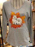 T-Shirt - Adult Women's - Long Sleeve Autumn White Squirrel V-Neck in Heather Grey