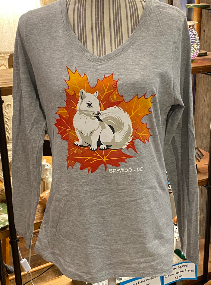 T-Shirt - Adult Women's - Long Sleeve Autumn White Squirrel V-Neck in Heather Grey