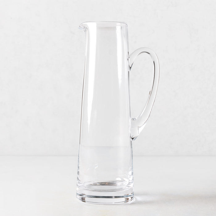 Tall, clear glass tapered bar pitcher with handle, 12.7"H, 57oz capacity.