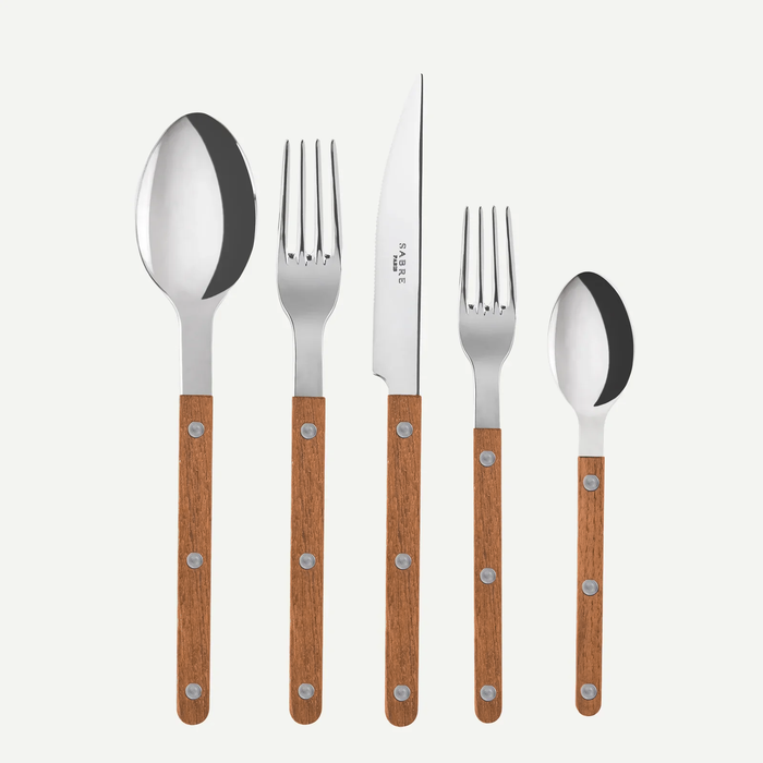 Teak Wood Bistro 5-piece flatware set with stainless steel and laminated wood handles.