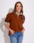 The Ruffle Stripe Knit Top in Brown