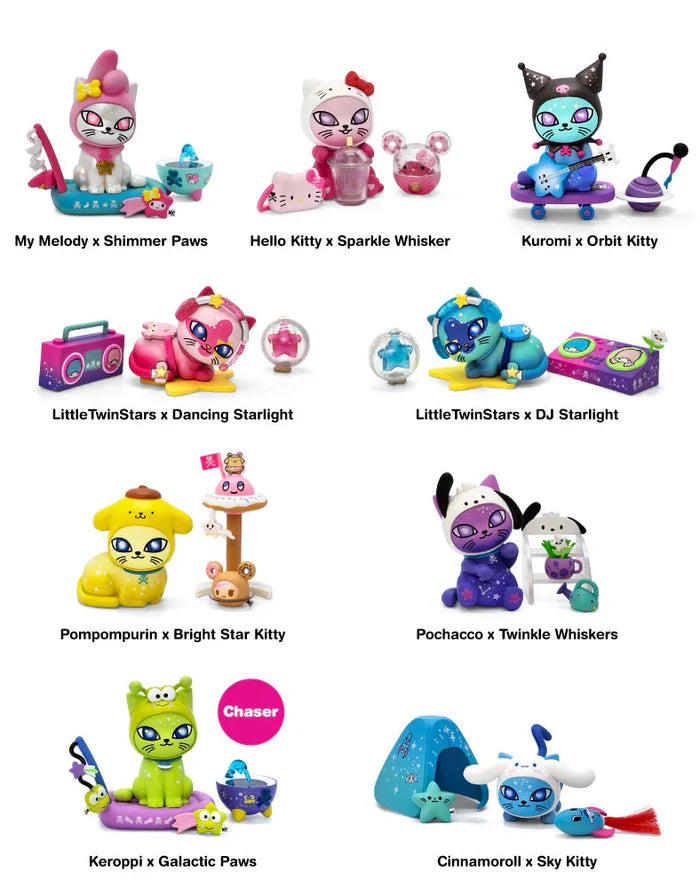 Tokidoki Galactic Cats x Hello Kitty & Friends Blind Box, featuring nine Sanrio cat figures with themed accessories for interstellar adventures. Collectible art from Strangecat Toys.