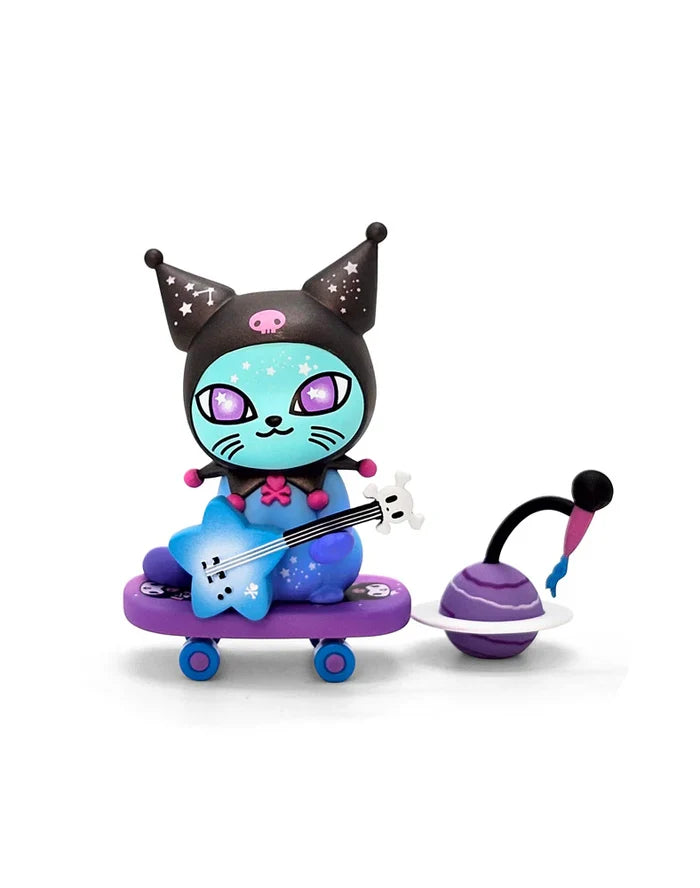 tokidoki Galactic Cats x Hello Kitty & Friends Blind Box: A cat-creature in space/jester theme with star-speckled face, violet eyes, star guitar, and skateboard.