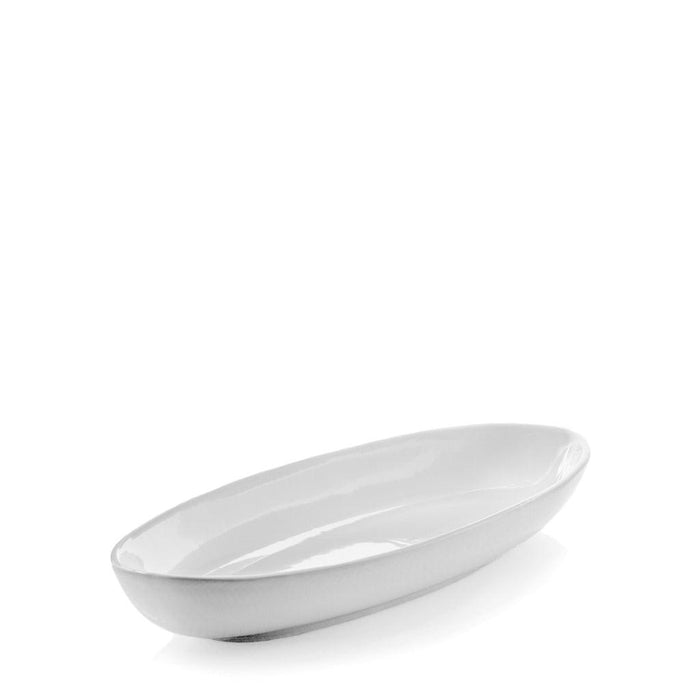 White ceramic Torino small oval serving platter, 21.5"L x 8.75"W, with a thick glaze.
