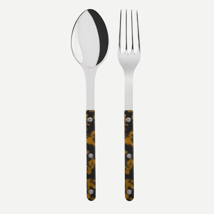 Tortoise Bistro 2-piece serving set: 10.25" 18/10 stainless steel spoon and fork with tortoise acrylic handles.