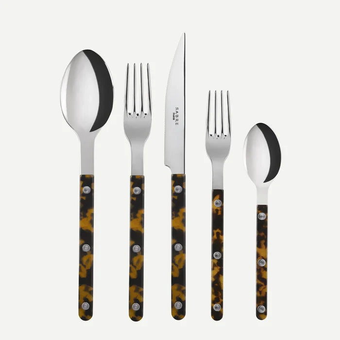 Tortoise Bistro 5-piece flatware set with 18/10 stainless steel and brown tortoise acrylic handles.