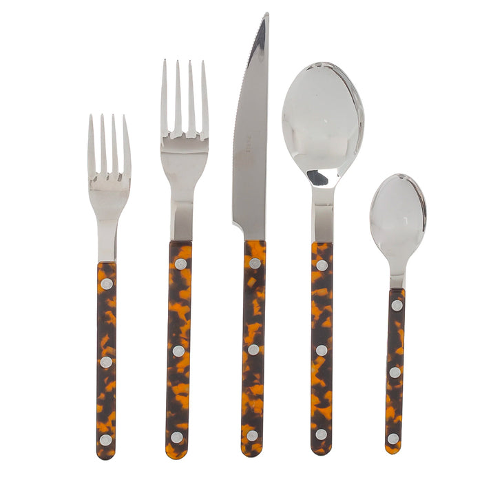 Tortoise Bistro 5-piece flatware set with stainless steel utensils and brown tortoise-patterned acrylic handles.