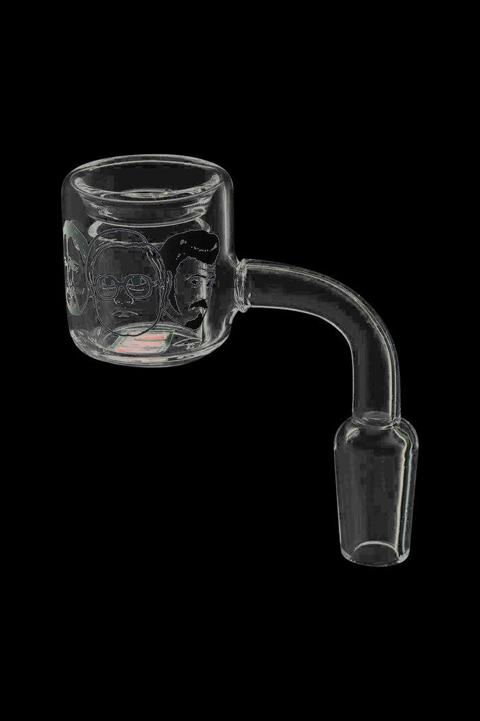A close-up, angled view of the Trailer Park Boys Quartz Banger, showing its clear glass construction and rounded shape.